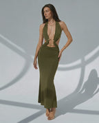 Sage Maxi Dress in olive green with deep V-neck, metal ring details, and comfortable stretch by Lauven.