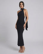 Celeste Maxi Dress by Lauven, sleek black halter neck evening dress with a modern silhouette.