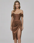 Sienna Midi Dress - Brown satin dress with strapless corset, high slit, by Lauven. Modern elegance in luxurious fabric.