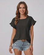 Veloura T-Shirt by Lauven — women’s textured ruffle sleeve T-shirt with round neck and eyelet detail