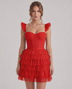 Celestia Mini Dress by Lauven — layered tulle sweetheart A-line mini dress with spaghetti straps