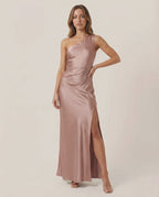 Valora Maxi Dress - Satin one-shoulder dress in soft rose pink with elegant drape by Lauven.