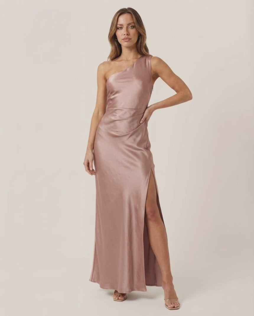 Valora Maxi Dress - Satin one-shoulder dress in soft rose pink with elegant drape by Lauven.