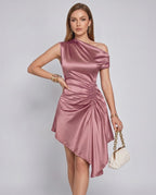 Serelle Mini Dress by Lauven — satin one shoulder asymmetric ruched mini dress
