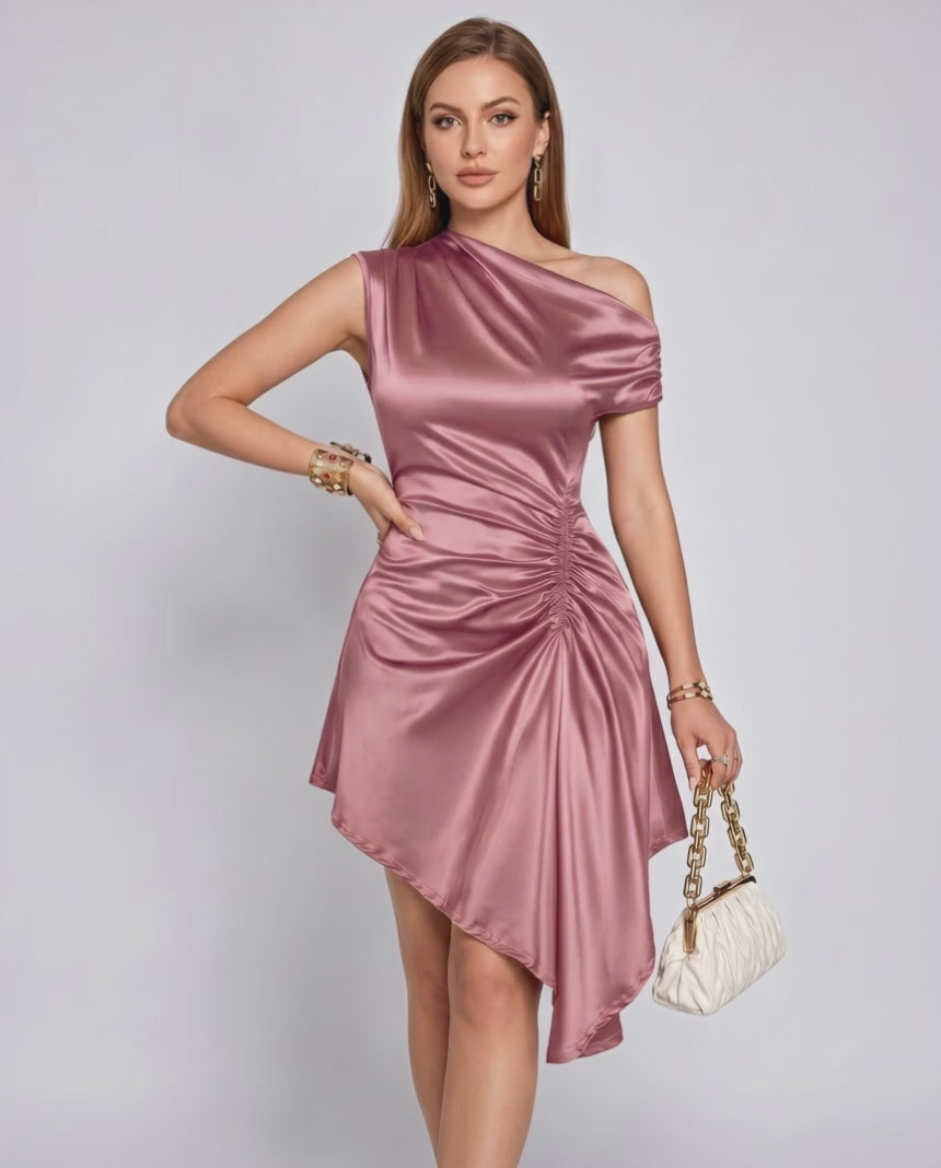 Serelle Mini Dress by Lauven — satin one shoulder asymmetric ruched mini dress