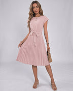 Lunessa Midi Dress by Lauven — pleated chiffon cap sleeve round neck midi dress