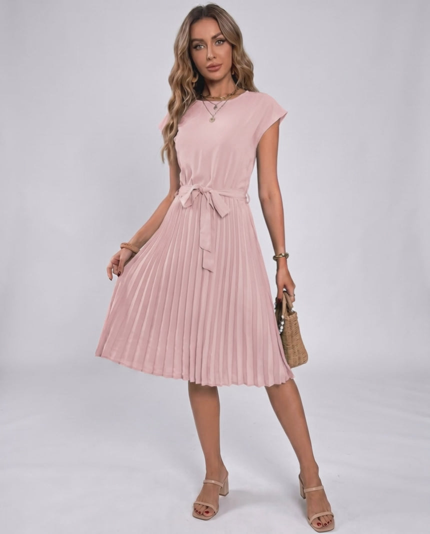Lunessa Midi Dress by Lauven — pleated chiffon cap sleeve round neck midi dress