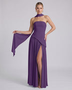 Aureline Maxi Dress by Lauven — chiffon strapless halter pleated maxi dress with slit