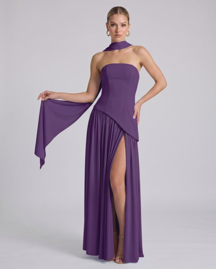 Aureline Maxi Dress by Lauven — chiffon strapless halter pleated maxi dress with slit