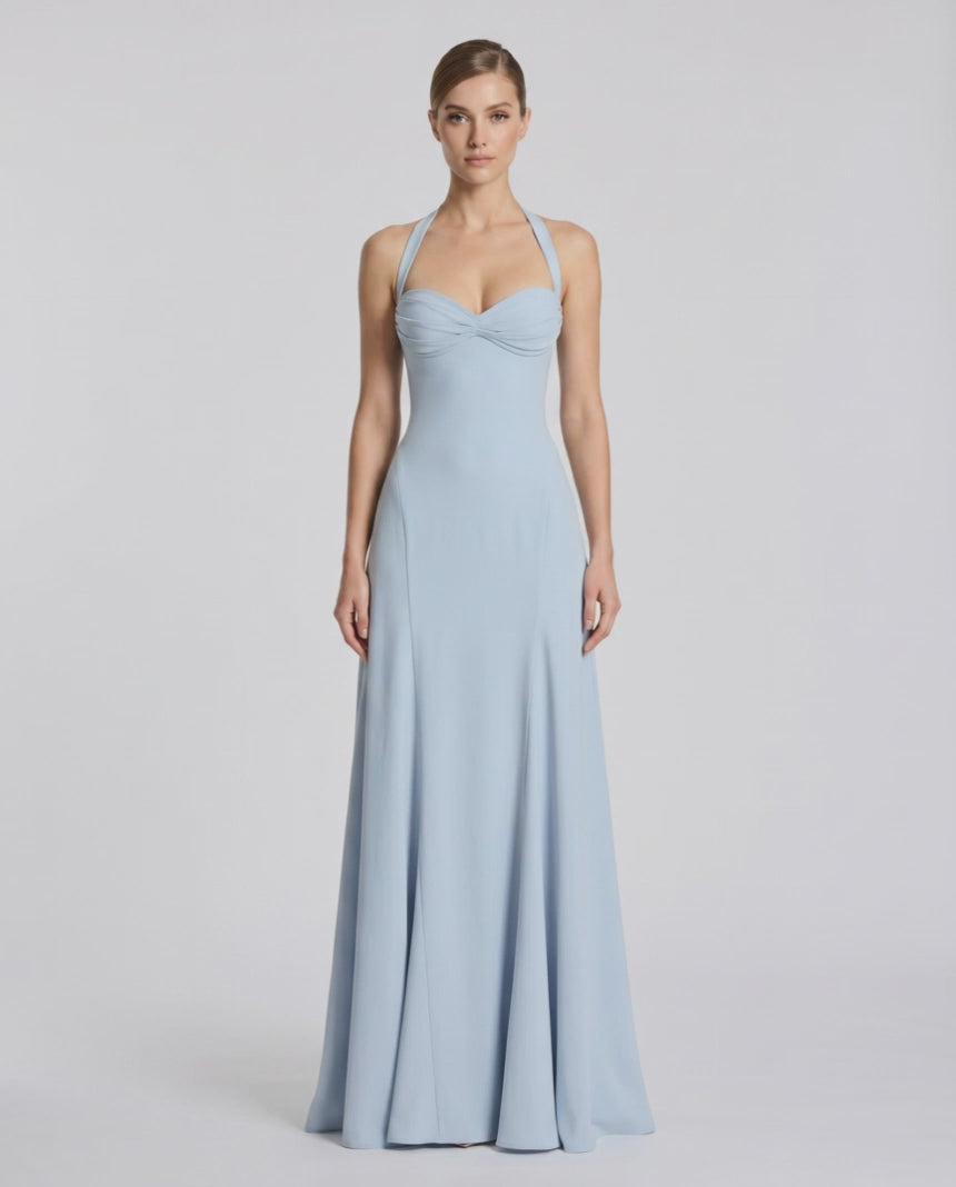 Celestia Maxi Dress by Lauven — stretch blend sleeveless sweetheart halter fit and flare maxi dress