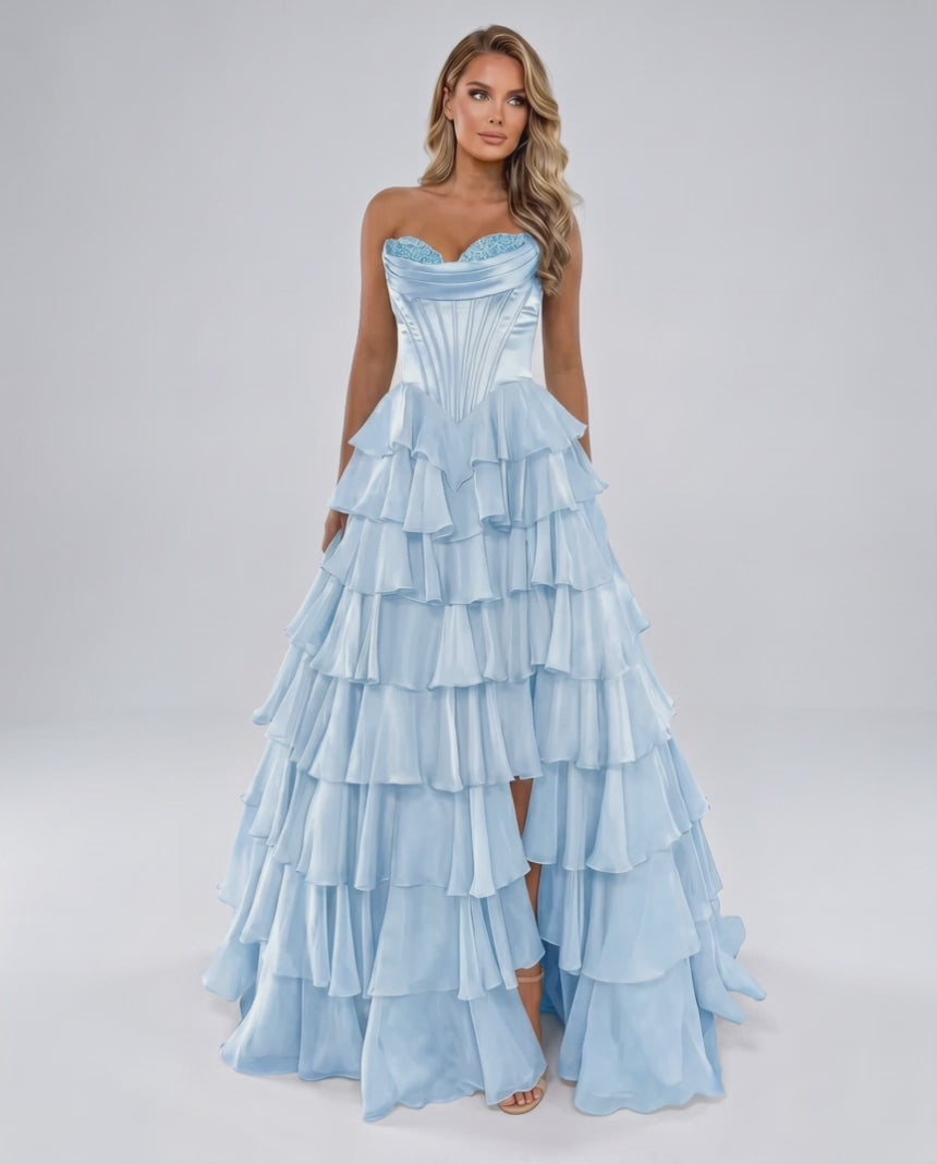 Seraphine Maxi Dress by Lauven — satin chiffon sleeveless sweetheart tiered A-line maxi dress