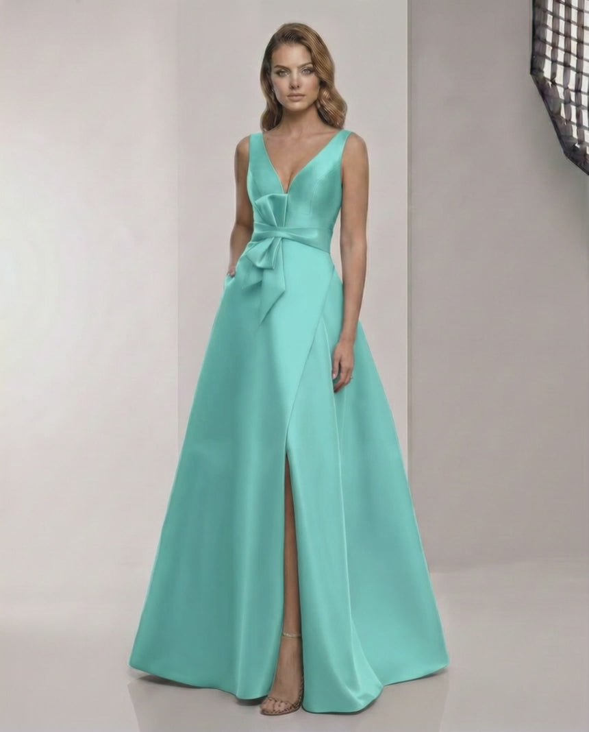 Calista Maxi Dress - Elegant teal satin A-Line dress with V-Neck, bow detail, perfect for formal occasions. Lauven.