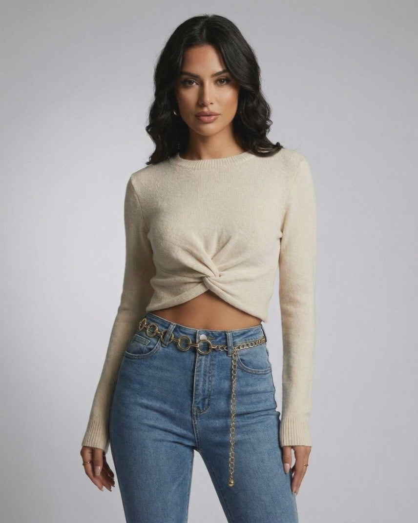 Sahara Pullover by Lauven – Women’s beige knit pullover with knotted front detail and long sleeves.