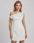 Veloura Mini Dress featuring a satin finish and asymmetric neckline by Lauven, perfect for modern, stylish occasions.
