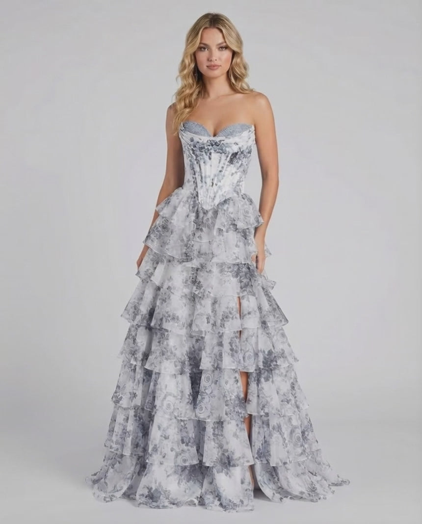 Celeste Maxi Dress by Lauven, elegant tiered floral chiffon gown in gray and white, perfect for refined occasions.