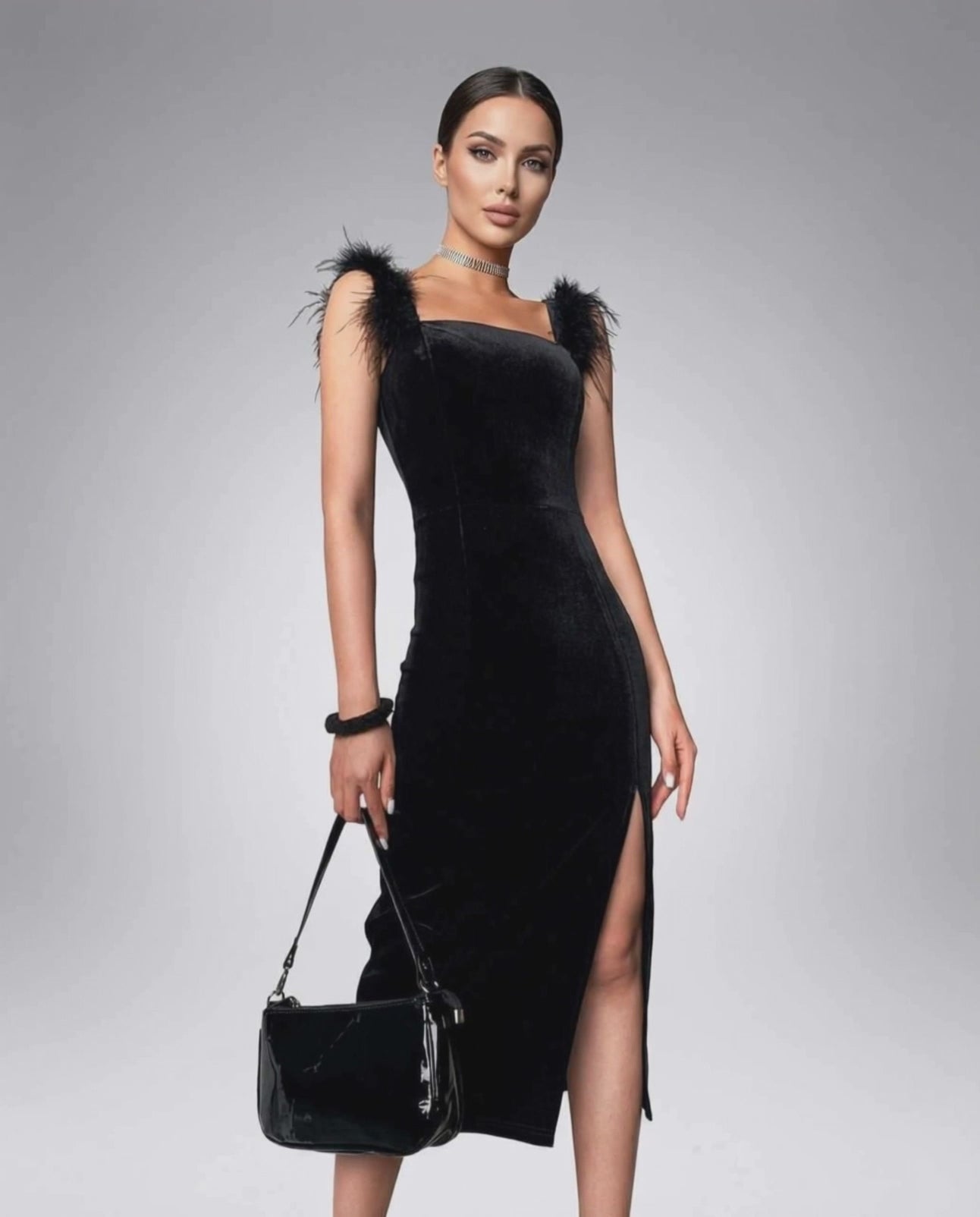 Seraphina Midi Dress by Lauven showcasing an elegant velvet bodycon style with fuzzy shoulders and a bold side split.
