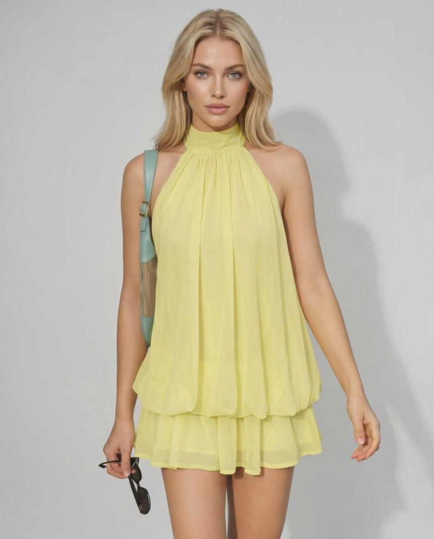 Lunelle Mini Dress by Lauven — polyester sleeveless tie neck loose fit mini dress