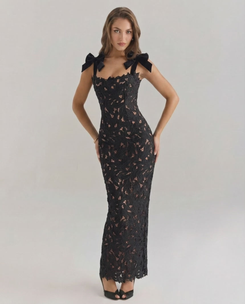 Noirelle Maxi Dress featuring intricate lace, square neckline, sleeveless design, and Lauven brand elegance.