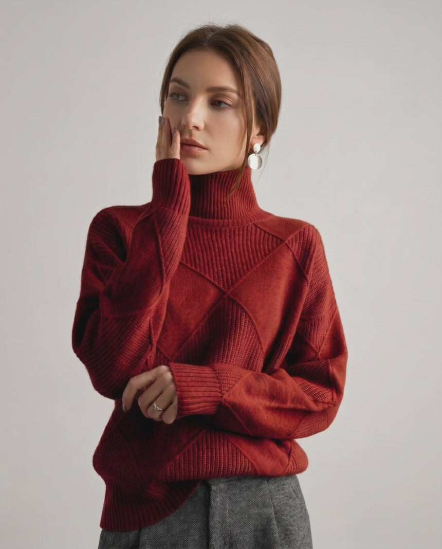 Aureline Sweater by Lauven — women’s oversized high-neck knit sweater with geometric texture and ribbed details