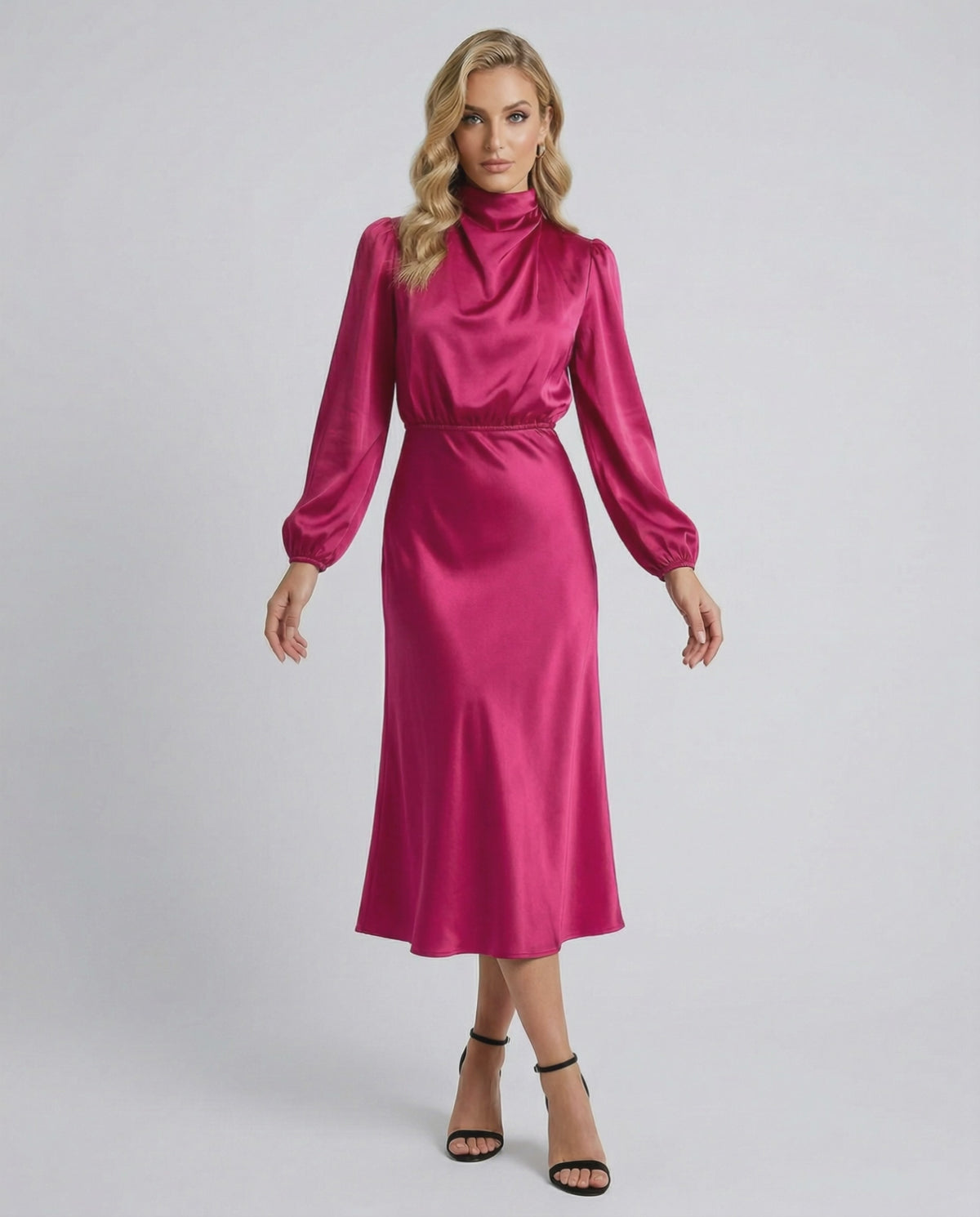 Lauven Vienna Midi Dress in satin, high neck elegance with flattering silhouette, perfect for day or evening wear.