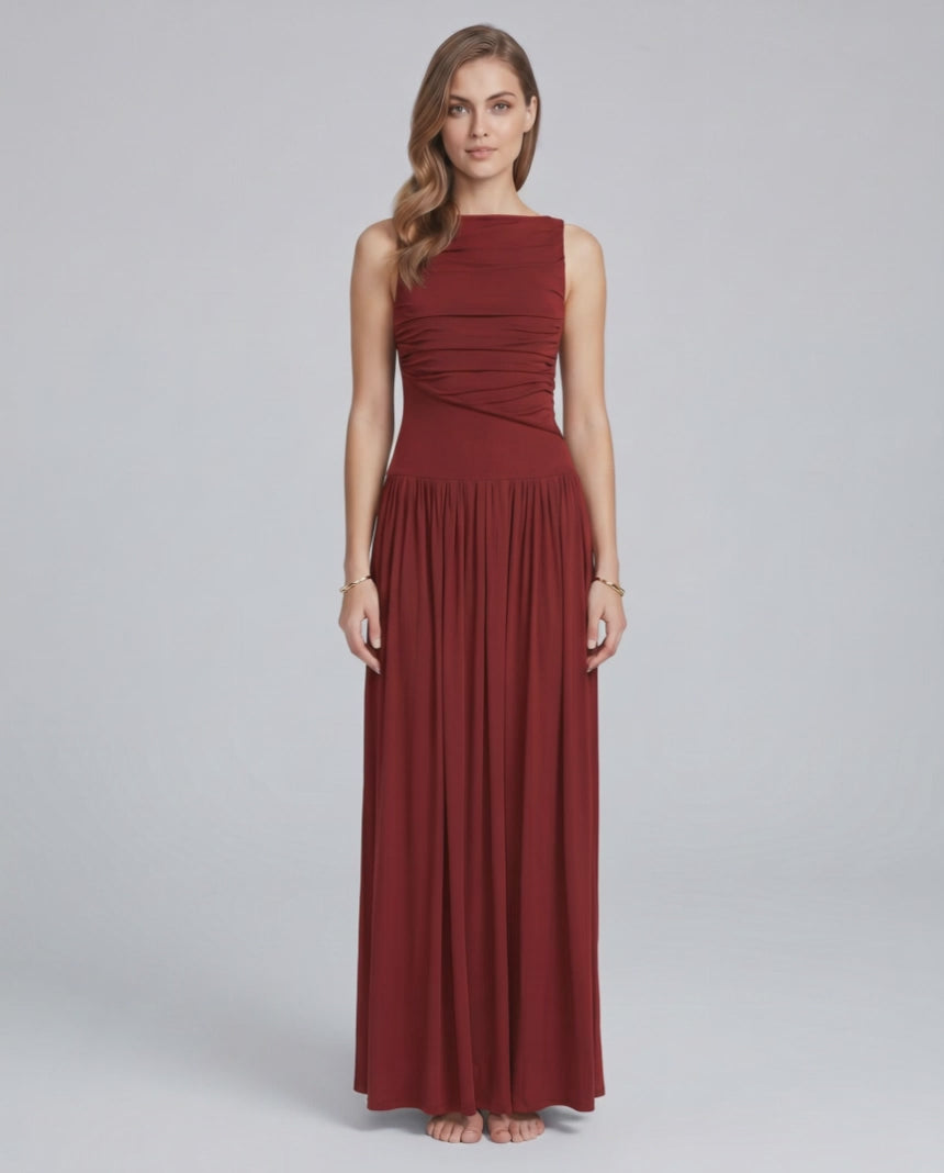 Aurea Maxi Dress by Lauven — stretch jersey sleeveless boat neck ruched waist maxi dress