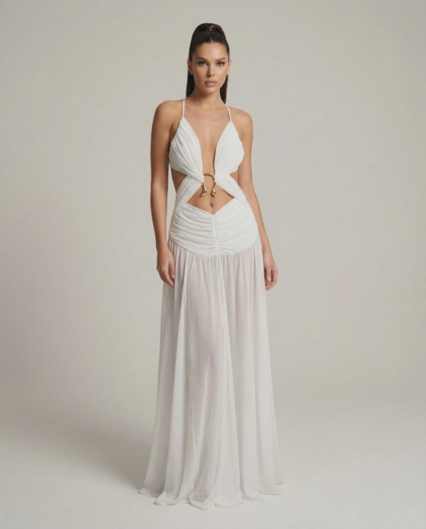 Seraphina Maxi Dress showcasing a deep V-neck, cut-out detail, and flowing silhouette by Lauven.