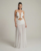 Seraphina Maxi Dress showcasing a deep V-neck, cut-out detail, and flowing silhouette by Lauven.