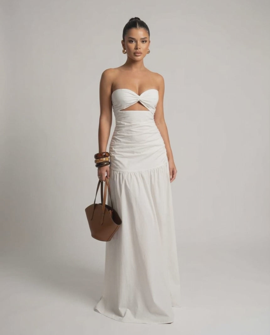Serena Maxi Dress - White strapless dress with cutout high waist silhouette from Lauven, offering elegant style and comfort.