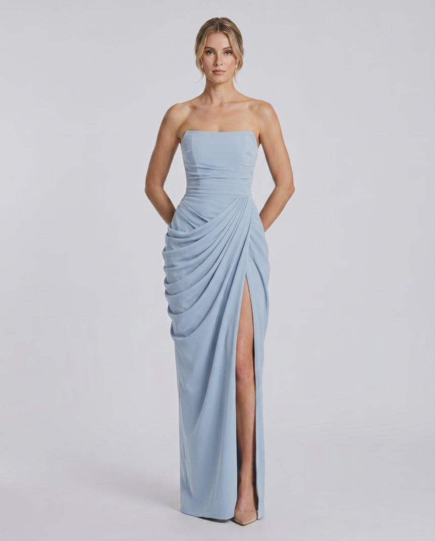 Aurelia Maxi Dress by Lauven — satin strapless maxi dress with draped silhouette and high slit