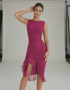 Calypso Midi Dress - Fuchsia ruched sleeveless dress with ruffle hem from Lauven, bold and feminine style.