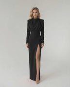 Nocturne Maxi Dress by Lauven featuring a sleek design, high side slit, and elegant black color.