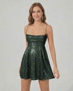 Emerald Mini Dress by Lauven, featuring a sequined A-line silhouette in dark green for a glamorous look.