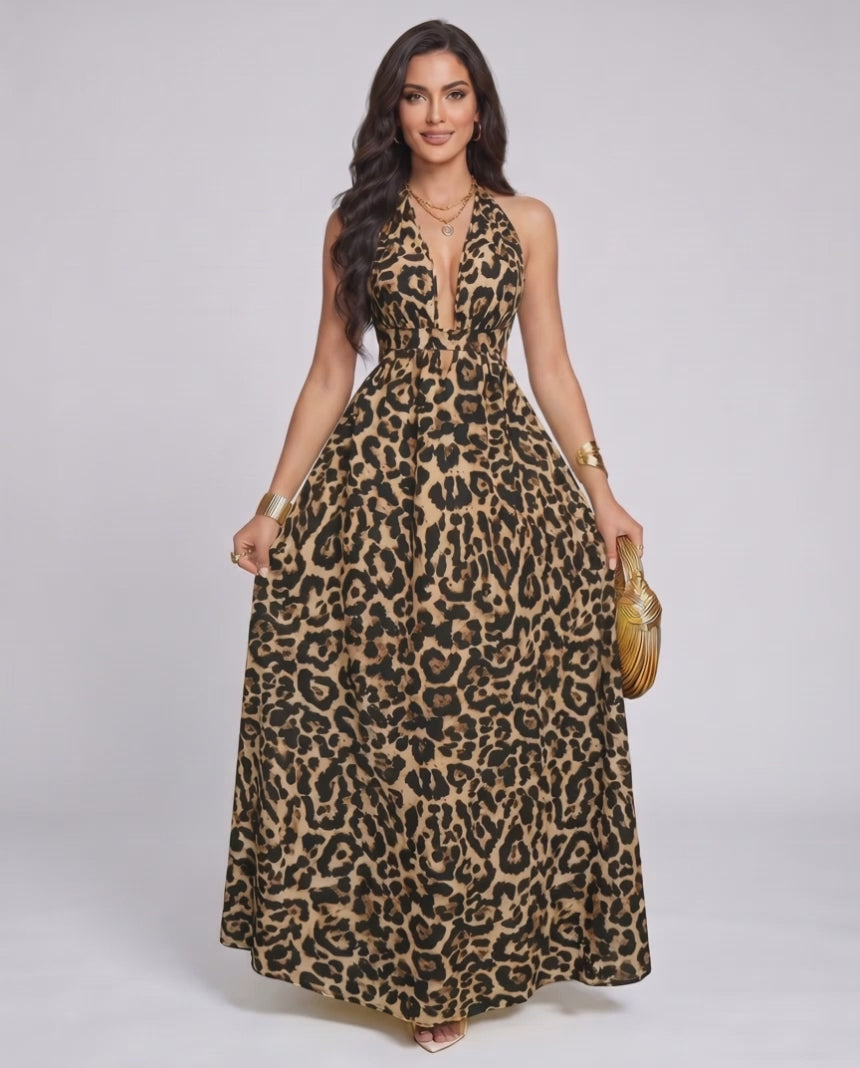 Solara Maxi Dress by Lauven — chiffon sleeveless halter V-neck A-line maxi dress