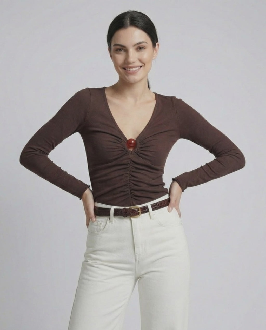 Sienna Long Sleeve – Lauven Women's Brown Long Sleeve Top with Ruched Knit Detail and Cutout Neckline