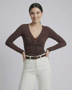 Sienna Long Sleeve – Lauven Women's Brown Long Sleeve Top with Ruched Knit Detail and Cutout Neckline
