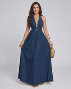 Solara Maxi Dress by Lauven — chiffon sleeveless halter V-neck A-line maxi dress