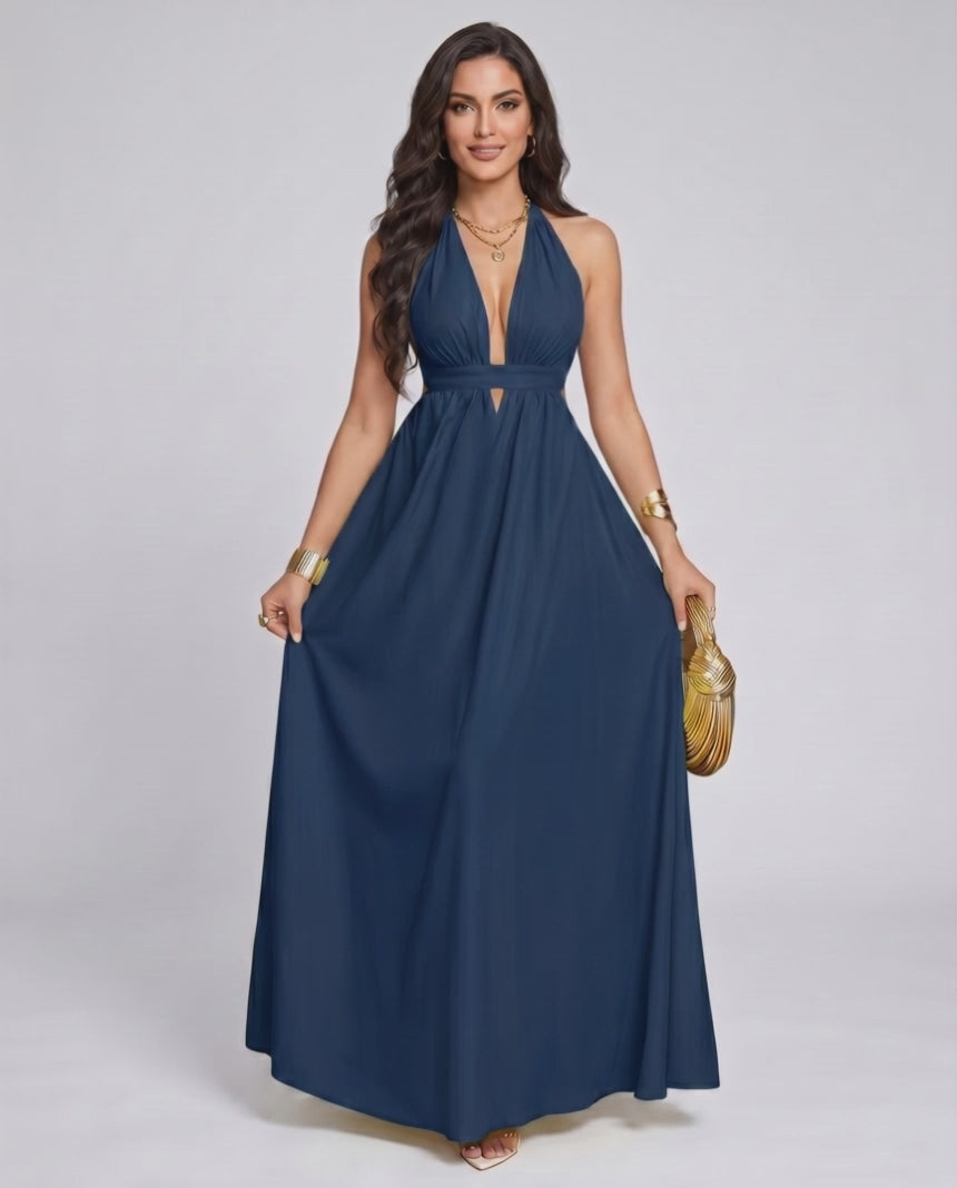 Solara Maxi Dress by Lauven — chiffon sleeveless halter V-neck A-line maxi dress