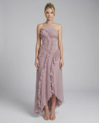 Celeste Maxi Dress by Lauven - Elegant pleated halter neck in dusty mauve with ruffle details.