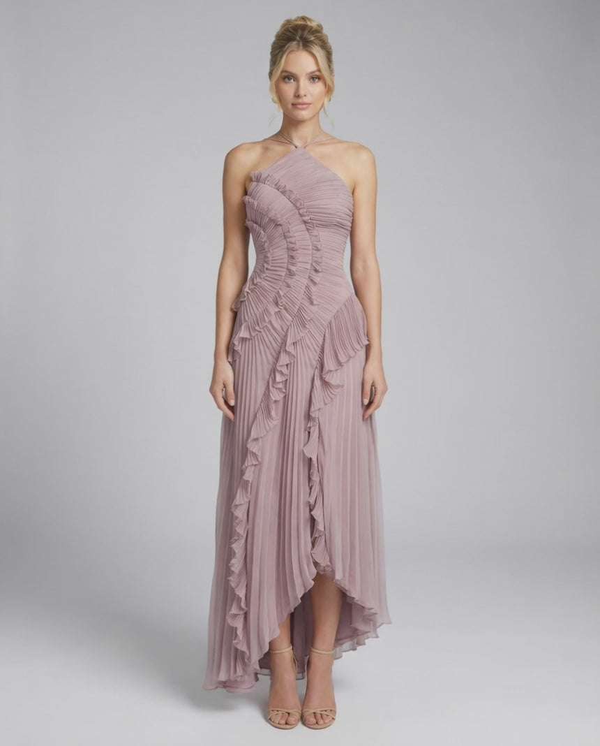 Celeste Maxi Dress by Lauven - Elegant pleated halter neck in dusty mauve with ruffle details.