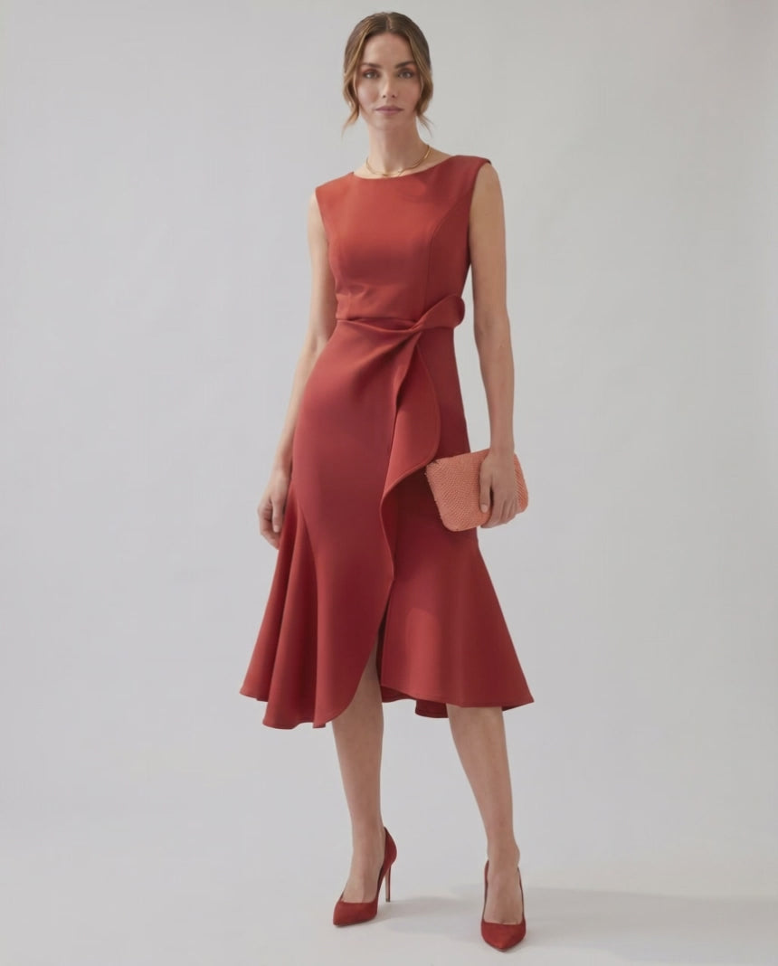 Serelune Midi Dress by Lauven — sleeveless satin midi dress with ruffle detail and fit flare silhouette