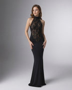 Celeste Maxi Dress by Lauven - Black Halter Neck Maxi Dress features lace bodice and open back.