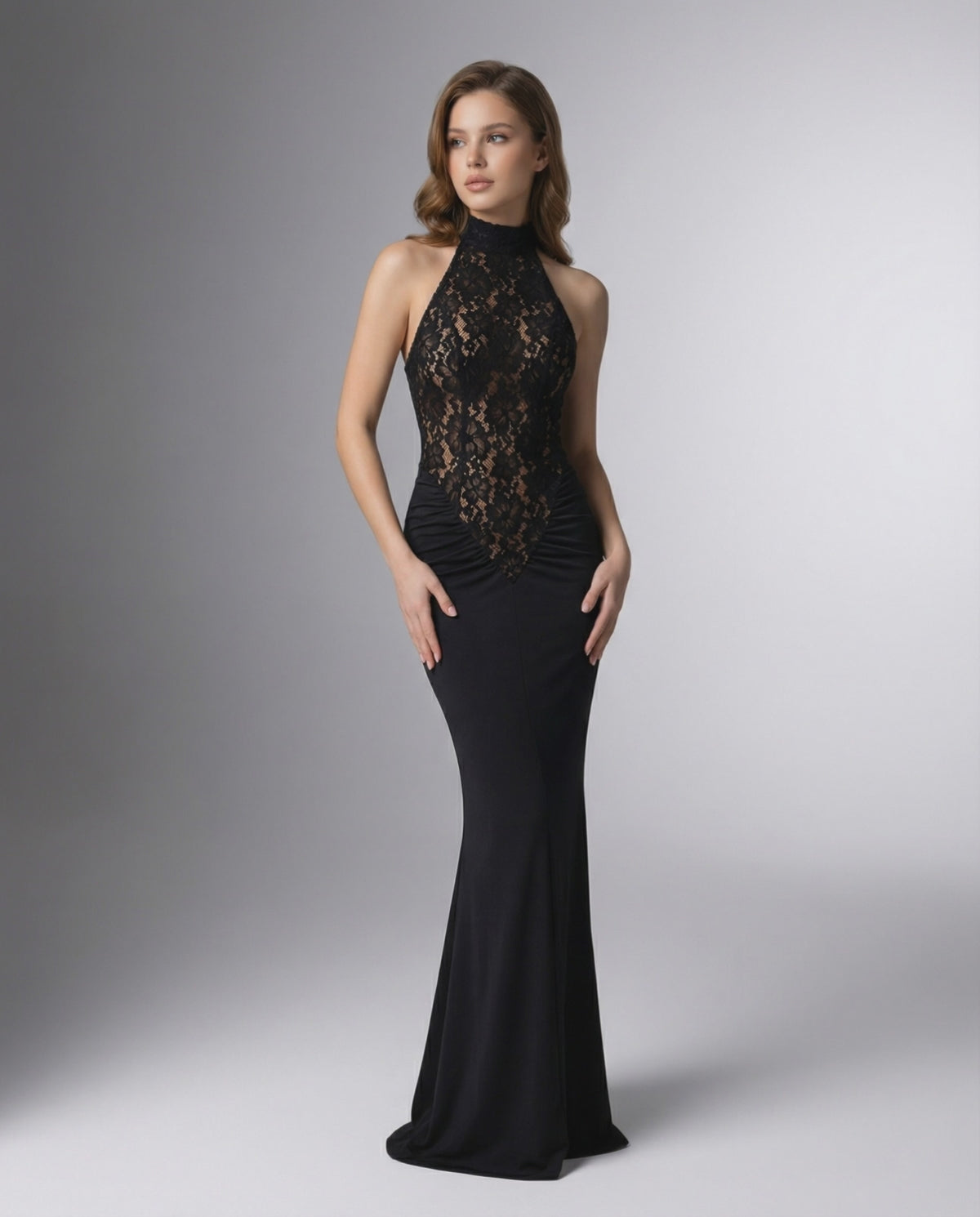 Celeste Maxi Dress by Lauven - Black Halter Neck Maxi Dress features lace bodice and open back.
