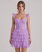 Celestia Mini Dress by Lauven — layered tulle sweetheart A-line mini dress with spaghetti straps