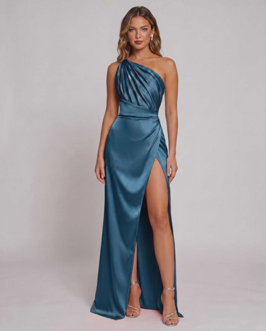 Veloura Maxi Dress by Lauven — satin one-shoulder mermaid maxi dress with slit