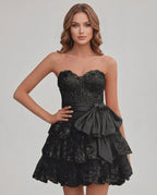 Veloura Mini Dress by Lauven — lace appliqué strapless sweetheart tiered mini dress