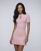 Rosalie Mini Dress featuring soft ribbed knit, ruffle hem, delicate pink color, by Lauven for a comfortable, stylish look.