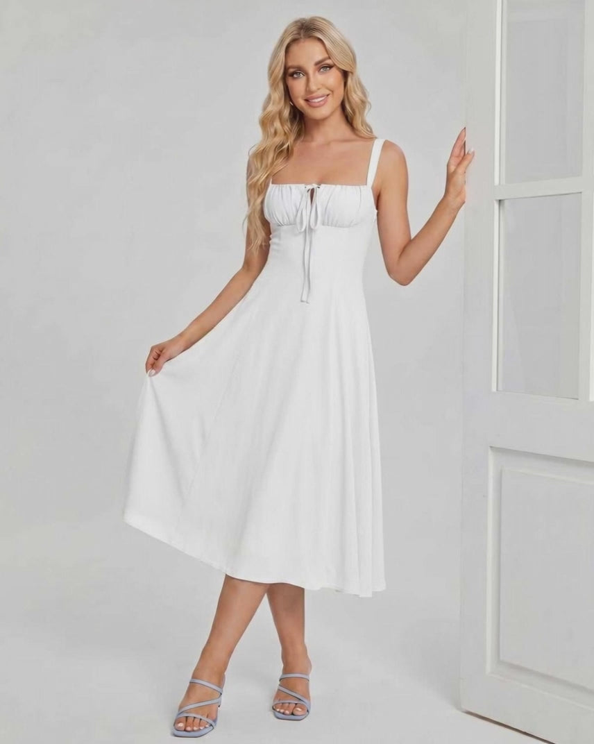 Serelune Midi Dress by Lauven — lightweight sleeveless square neck A-line midi dress