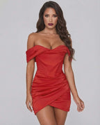 Lauven Celeste Mini Dress in vibrant red, elegant satin off-the-shoulder sheath fit with flattering length.