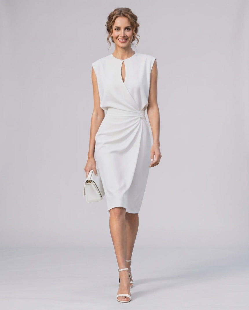 Velmira Midi Dress by Lauven — sleeveless keyhole wrap midi dress with ruched waist