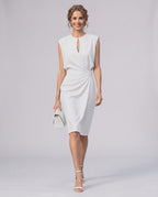 Velmira Midi Dress by Lauven — sleeveless keyhole wrap midi dress with ruched waist